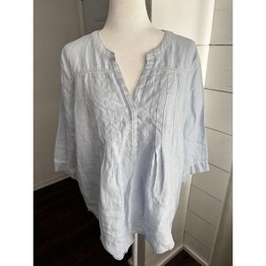 Symple Linen Shirt Womens Medium Blue Tunic 3/4 Sleeve Split Neck Pintuck Boho
